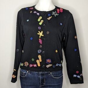 Michael Simon Lite black colorful embroidered beach theme cardigan S